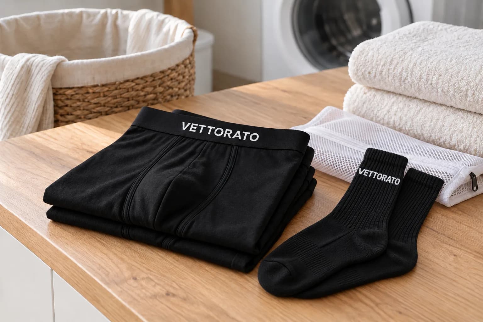 Svarta Vettorato-boxerkalsonger och tennisstrumpor bredvid en tvättkorg, tvättpåse och handdukar.